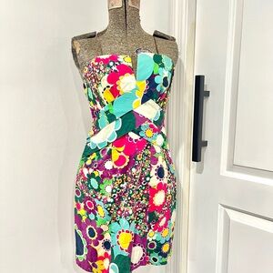 Farm Rio flower power funky floral print strapless dress Sz M
